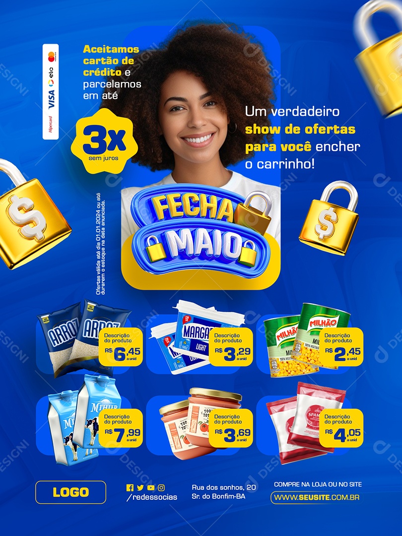 Fecha Maio Supermercado Encarte Arroz Margarina Milho Verde Social Media PSD Editável