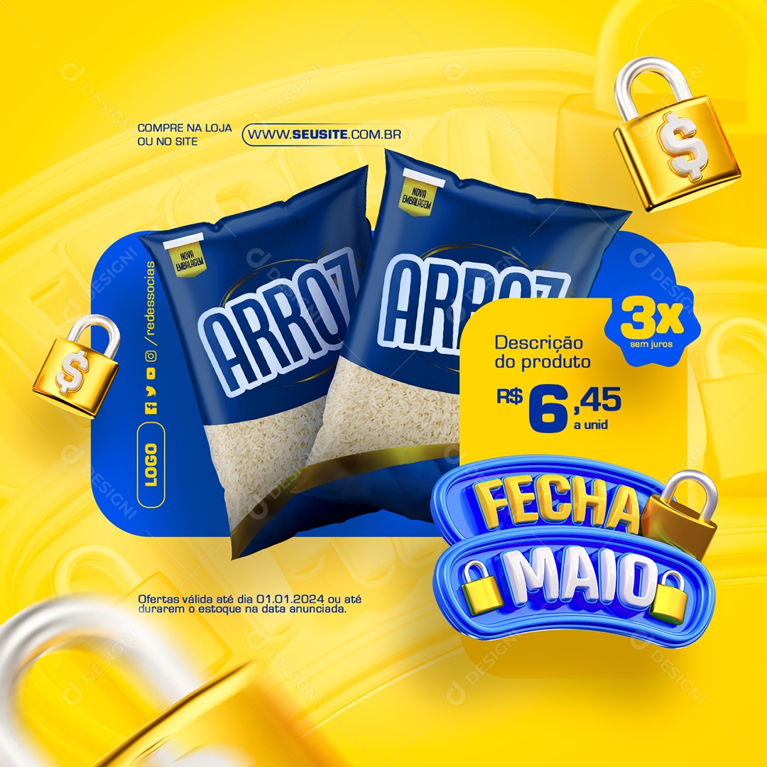 Fecha Maio Supermercado Arroz Social Media PSD Editável