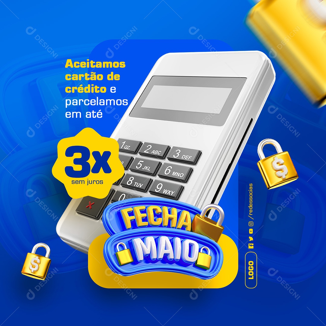 Fecha Maio Supermercado Aceitamos Cartão de Crédito Social Media PSD Editável