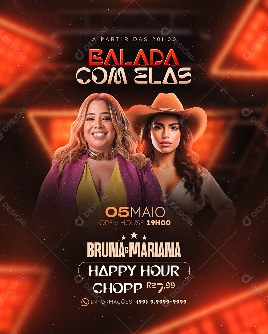 Flyer Balada com Elas Bruna e Mariana Social Media PSD Editável