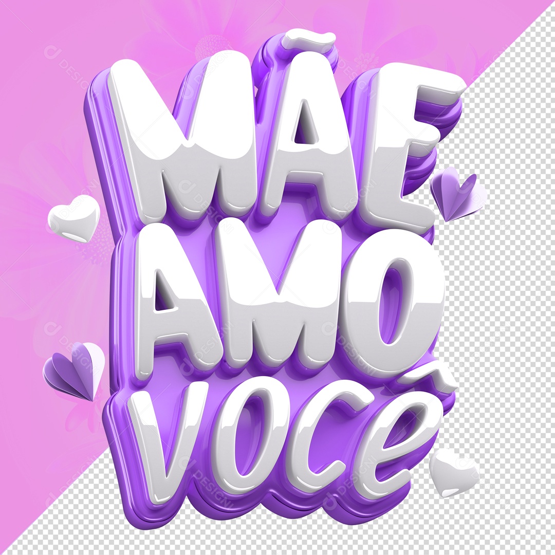 Mãe Amo Você Selo 3D Roxo e Branco para Composição PSD