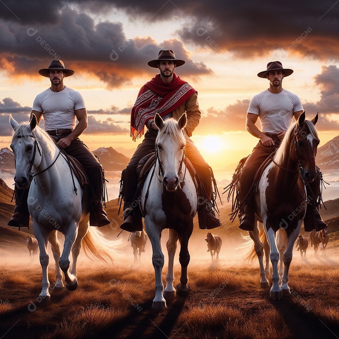 Gaúchos usando chapéus e andando a cavalo ao pôr do sol