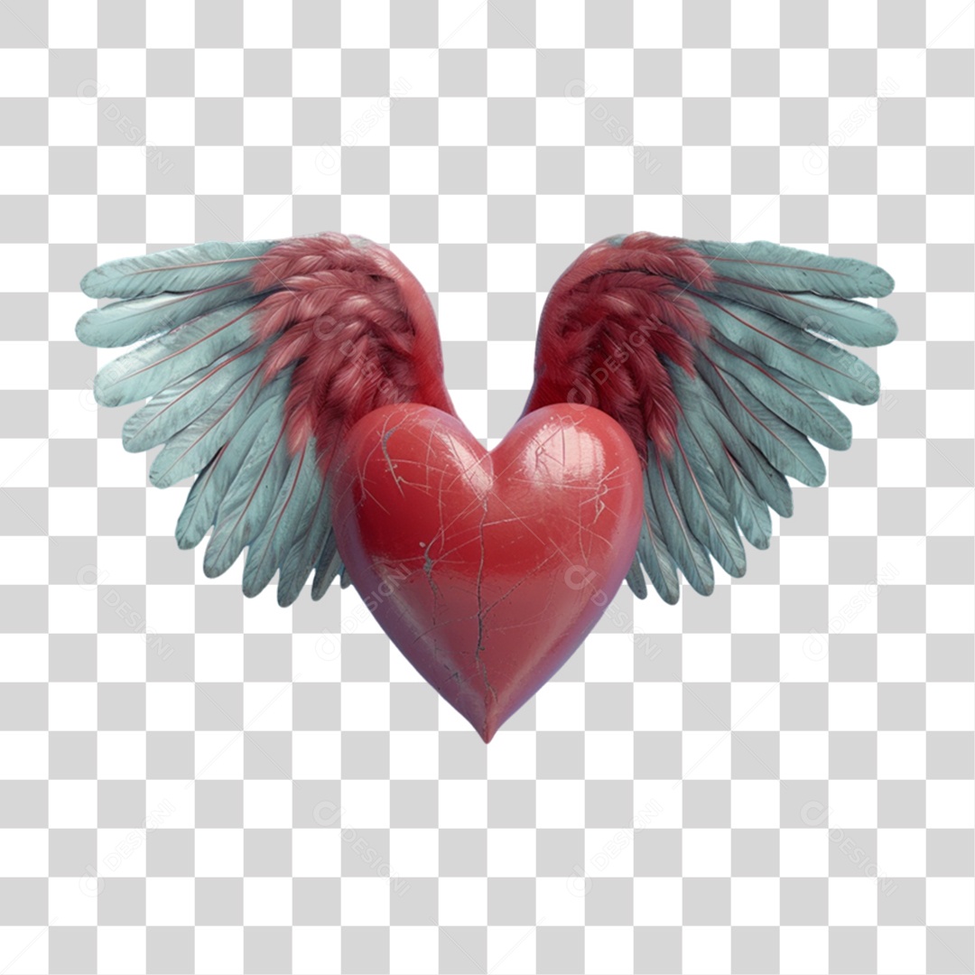 Elemento 3D Coração com Asas PNG Transparente