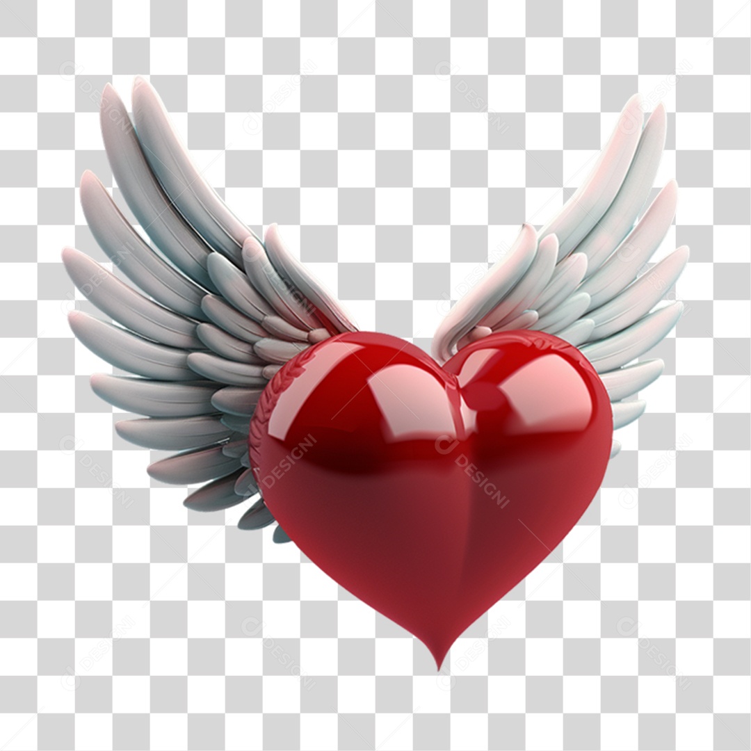 Elemento 3D Coração com Asas PNG Transparente