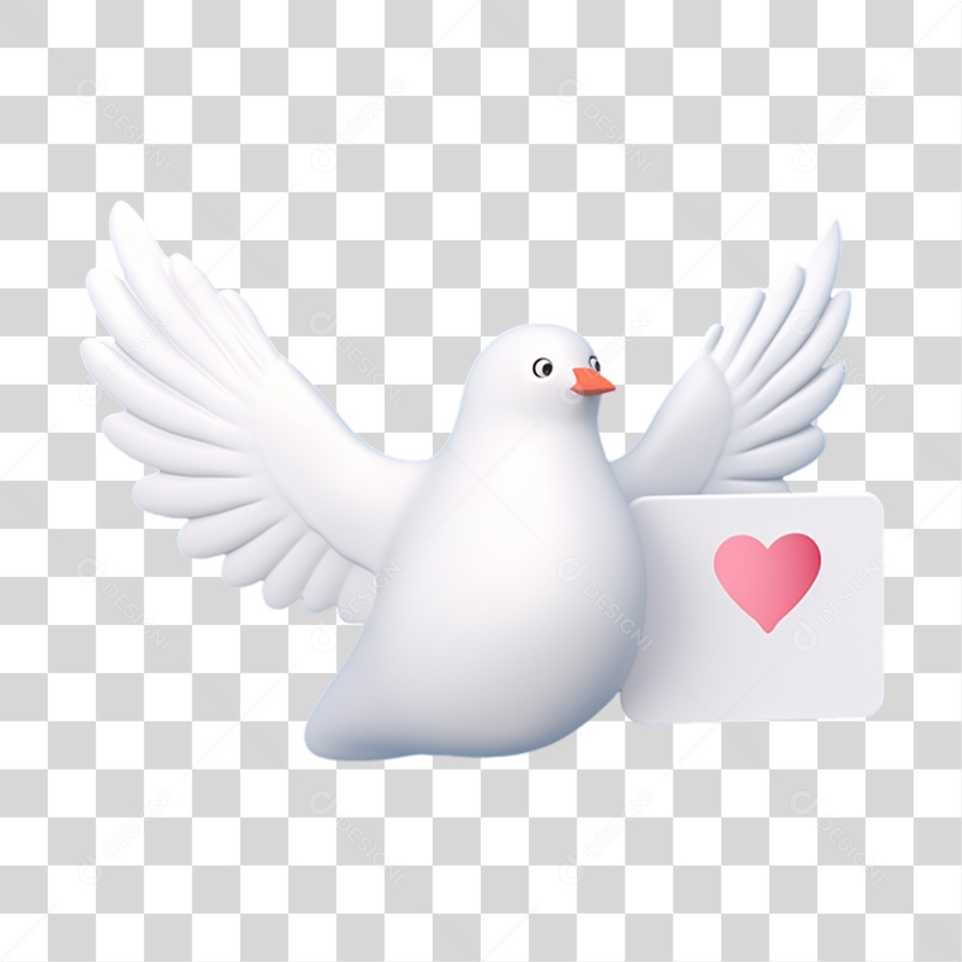Elemento 3D Pombo Branco com Cartinha de Coração PNG Transparente