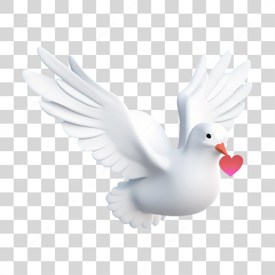 Elemento 3D Pombo Branco com Cartinha de Coração PNG Transparente