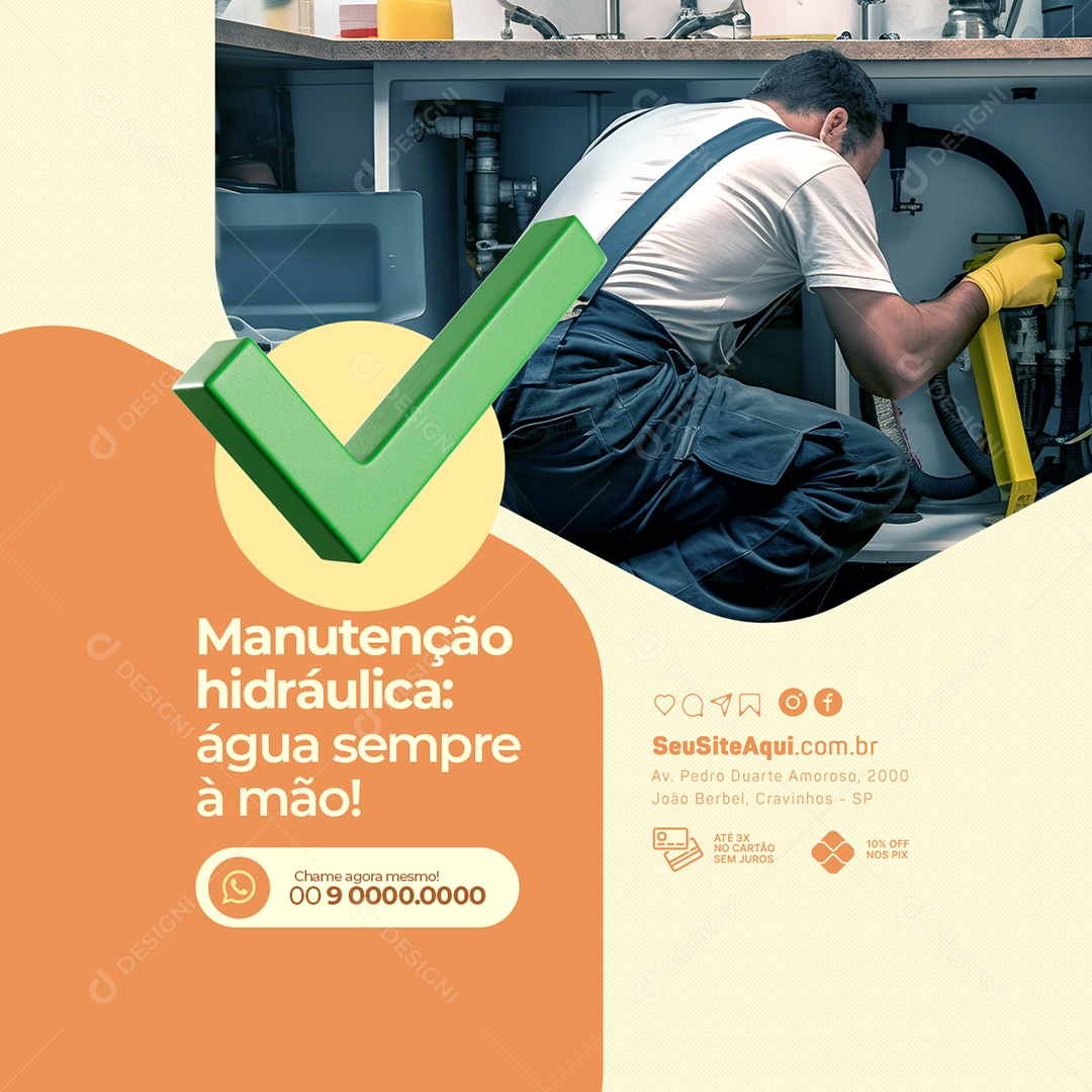 Serviços Gerais Manutenção Hidráulica Água Sempre à Mão Chame Agora Social Media PSD Editável