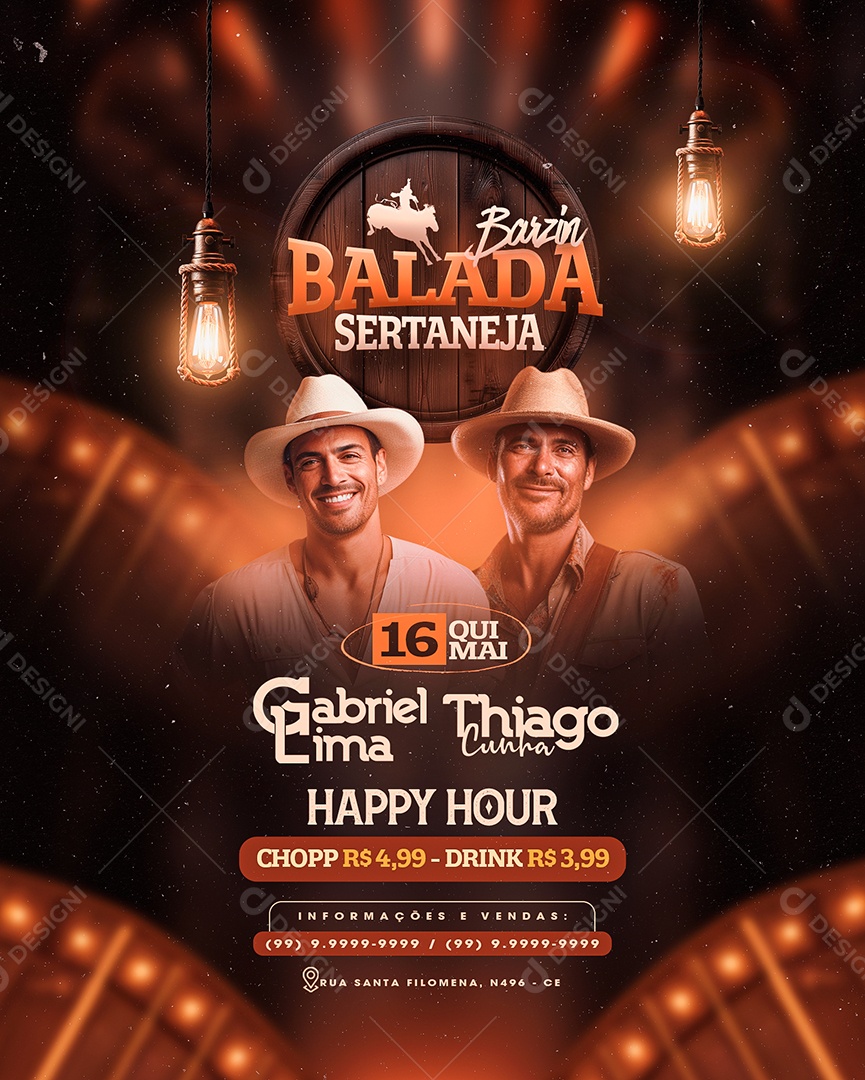 Flyer Barzin Balada Sertaneja Gabriel Lima Thiago Cunha Social Media PSD Editável
