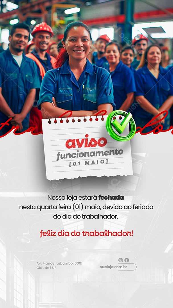 Story Feliz Dia do Trabalhador 01 de Maio Aviso Social Media PSD Editável