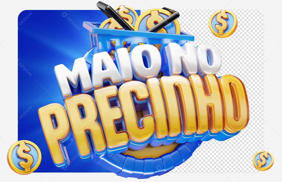 Maio no Precinho Selo 3D Azul Dourado para Composição PSD