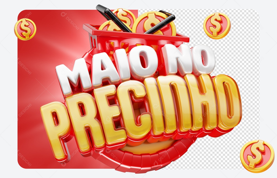 Maio no Precinho Selo 3D Vermelho Dourado para Composição PSD