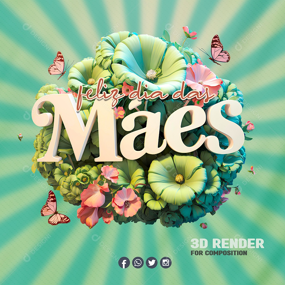 Feliz Dia das Mães Selo 3D Verde e Rosa para Composição PSD