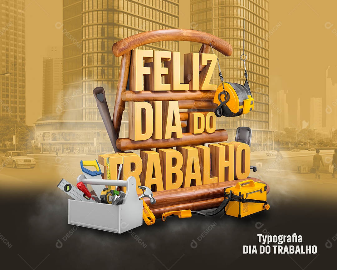 Feliz Dia do Trabalhador Selo 3D Amarelo para Composição PSD