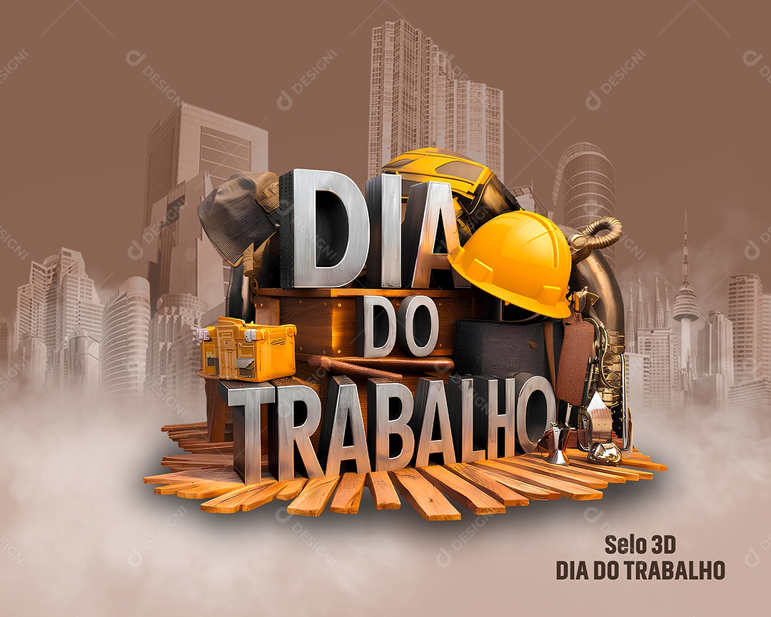 Dia do Trabalhador Selo 3D Branco e Amarelo para Composição PSD