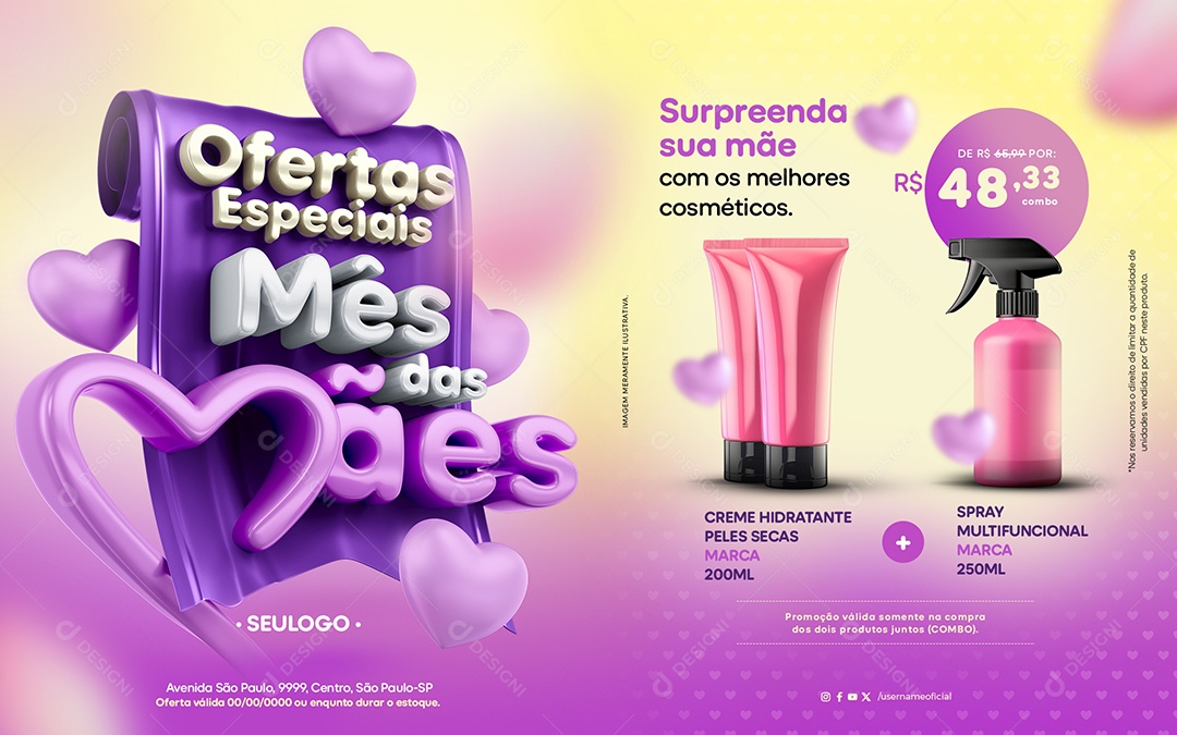 Banner Loja de Cosméticos Ofertas Especiais Mês das Mães Produtos Social Media PSD Editável