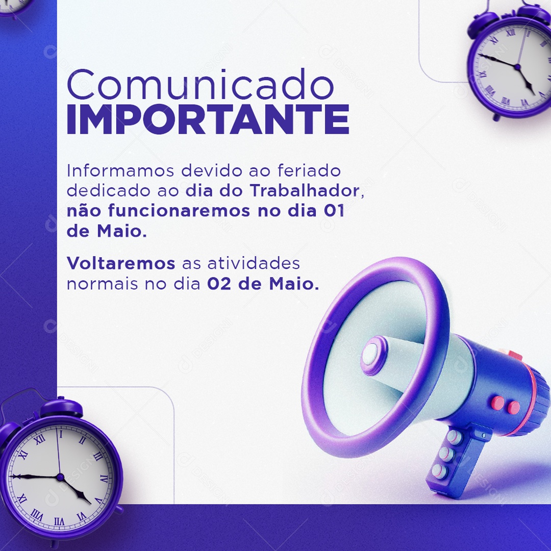 Comunicado Importante Voltaremos  Atividades Normais da Dia 02 de Maio Social Media PSD Editável