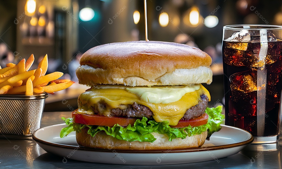 Hamburguer gourmet com batatas fritas e copos