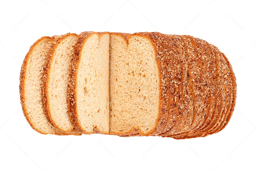 Pão integral com grãos e sementes fatiadas na mesa de madeira