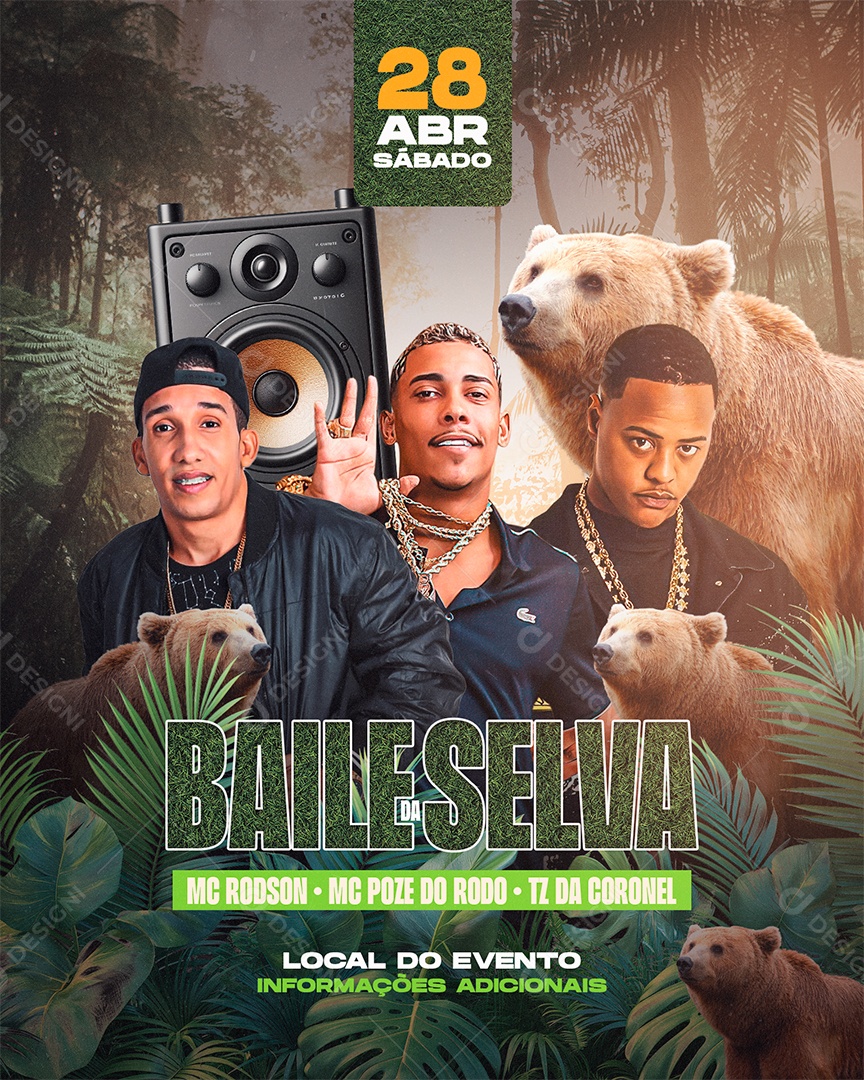 Flyer Baile da Selva Mc Rodson Mc Poze do Rodo TZ Da Coronel Social Media PSD Editável