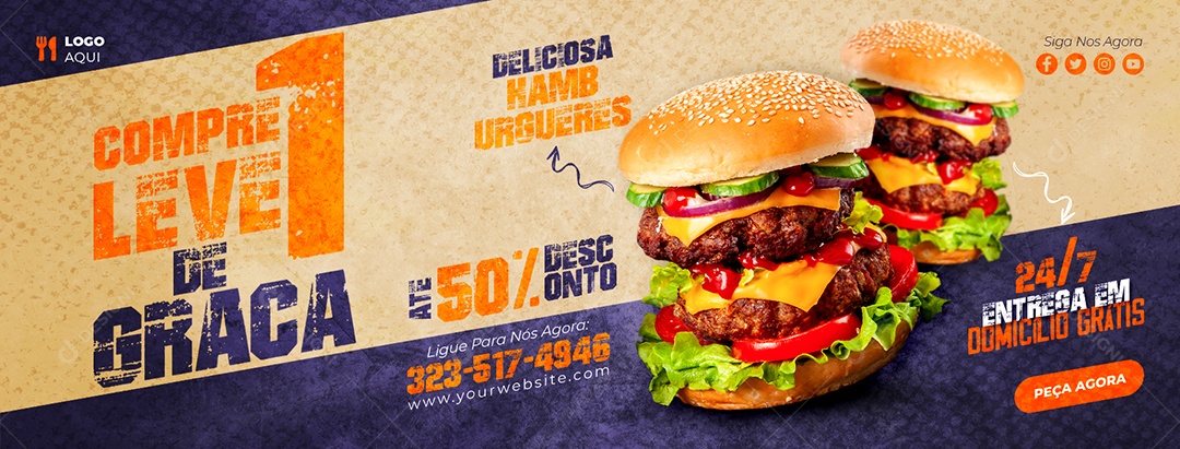 Capa de Facebook Hamburgueria Compre Leve 1 De Graça PSD Editável
