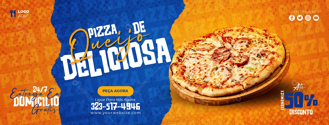 Capa de Facebook Pizzaria Pizza de Queijo Deliciosa Peça Agora PSD Editável