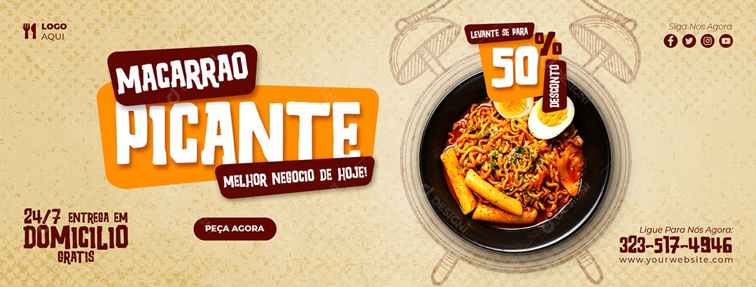 Capa de Facebook Restaurante Macarrão Picante Peça Agora PSD Editável