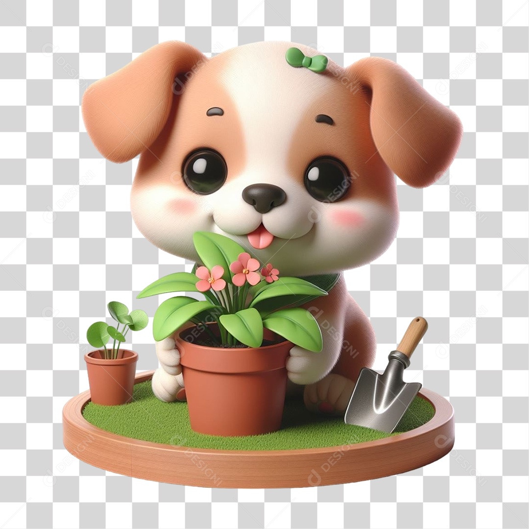 Cachorro com Vaso de Plantas PNG Transparente