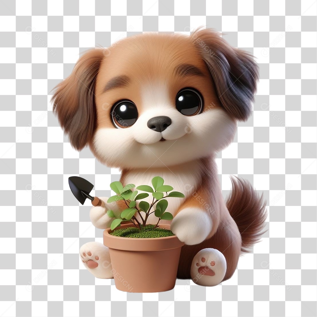 Cachorro com Vaso de Plantas PNG Transparente