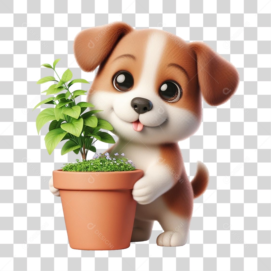 Cachorro com Vaso de Plantas PNG Transparente