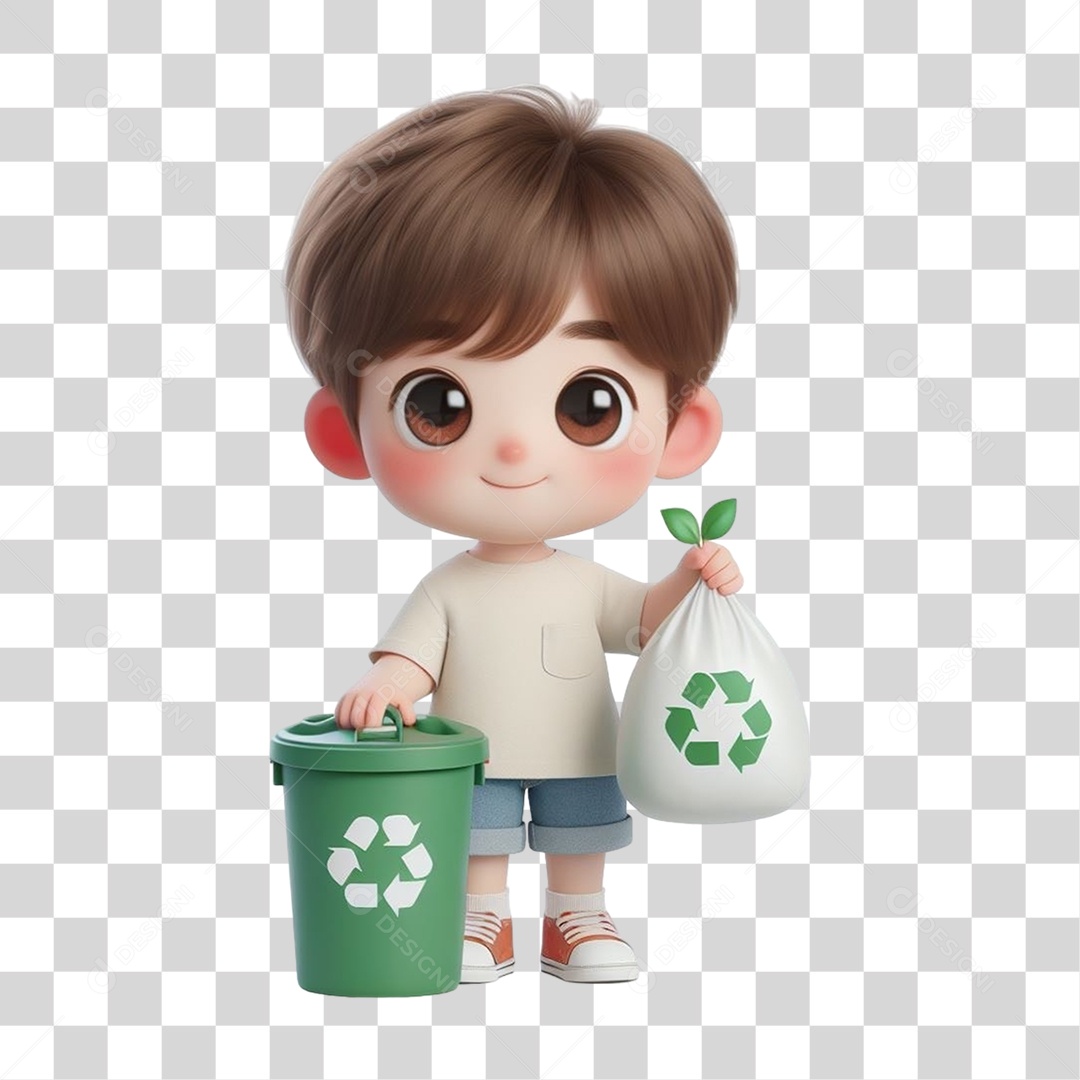 Garoto com Saco de Lixo Reciclagem PNG Transparente