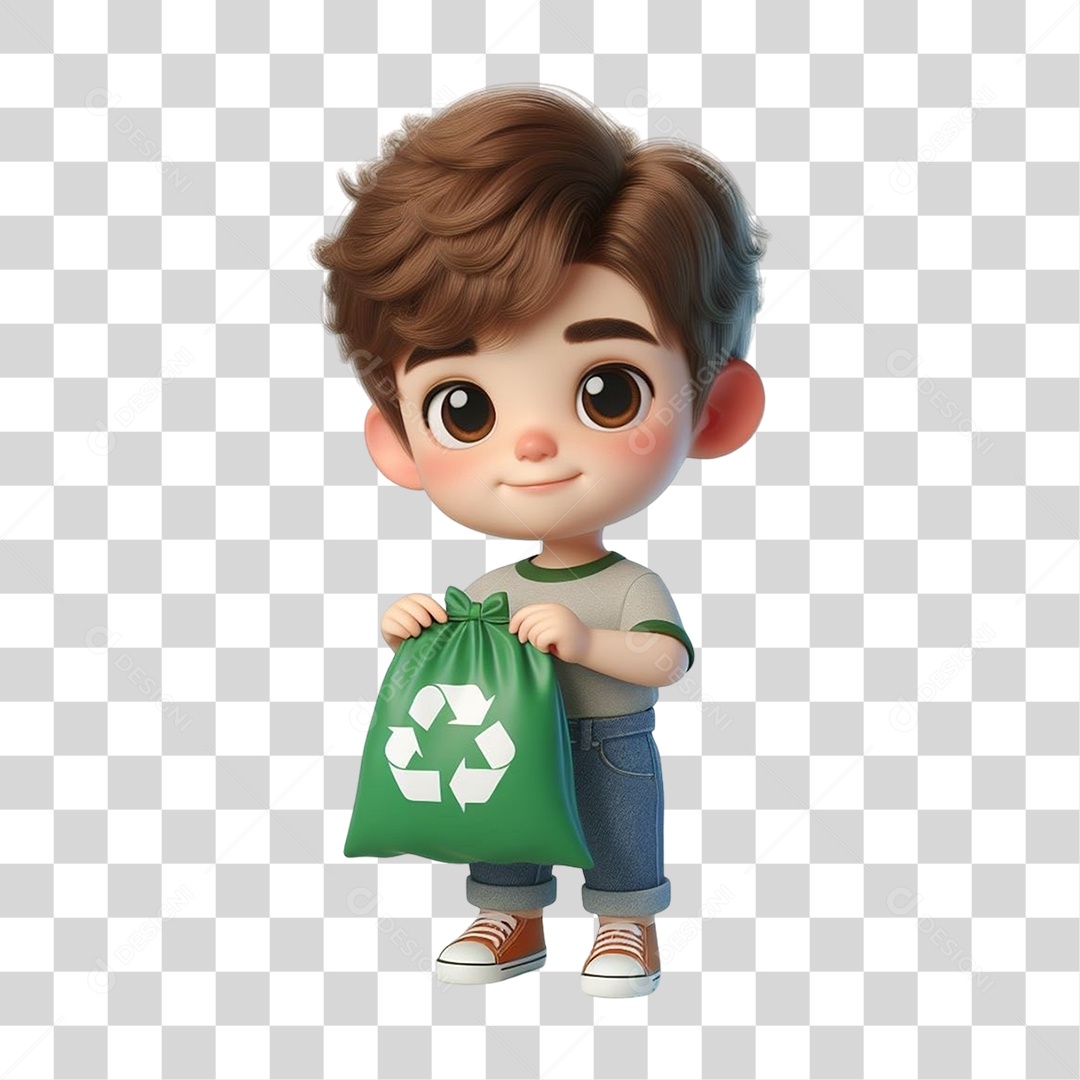 Garoto com Saco de Lixo Reciclagem PNG Transparente
