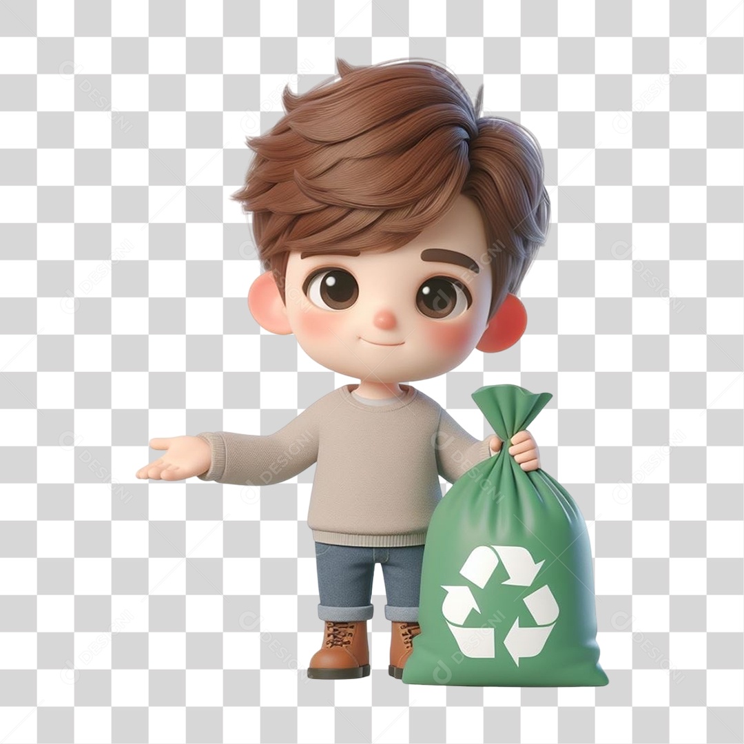 Garoto com Saco de Lixo Reciclagem PNG Transparente