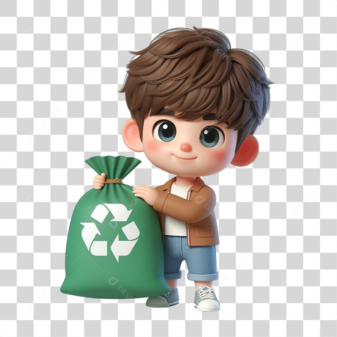 Garoto com Saco de Lixo Reciclagem PNG Transparente