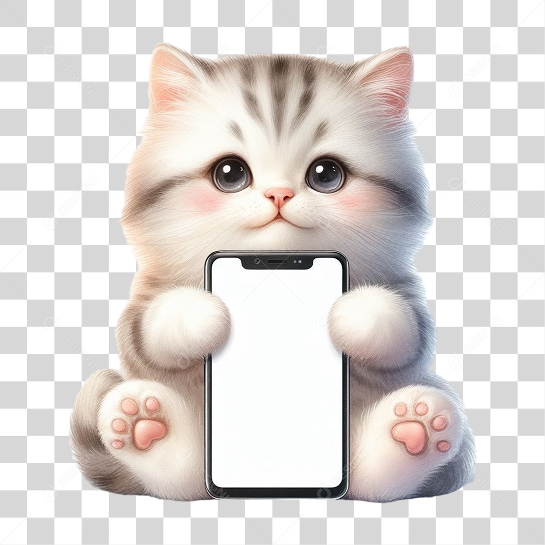 Gato Segurando Celular com a Tela Branca PNG Transparente