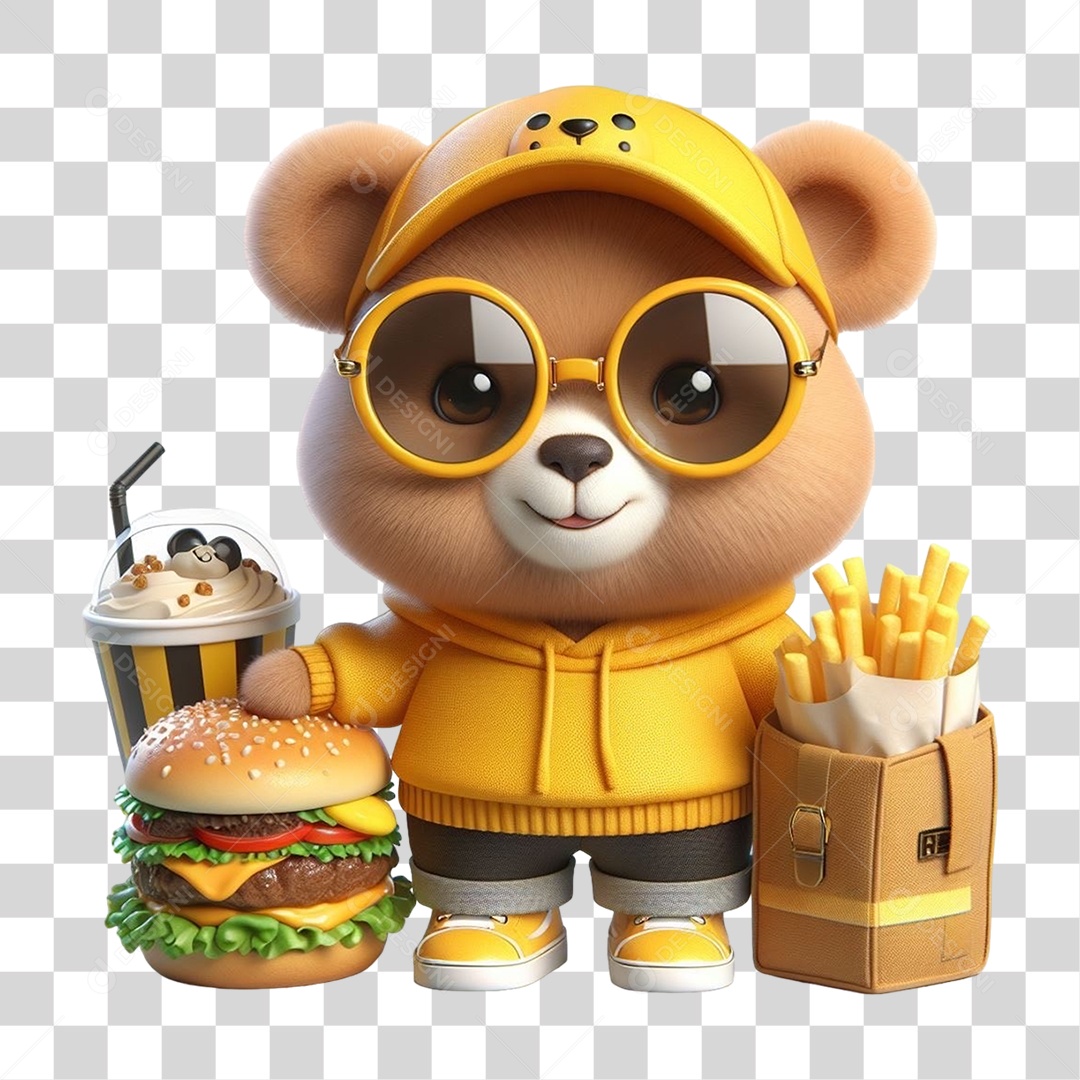 Mascote Urso com Fantasias Hambúrguer PNG Transparente