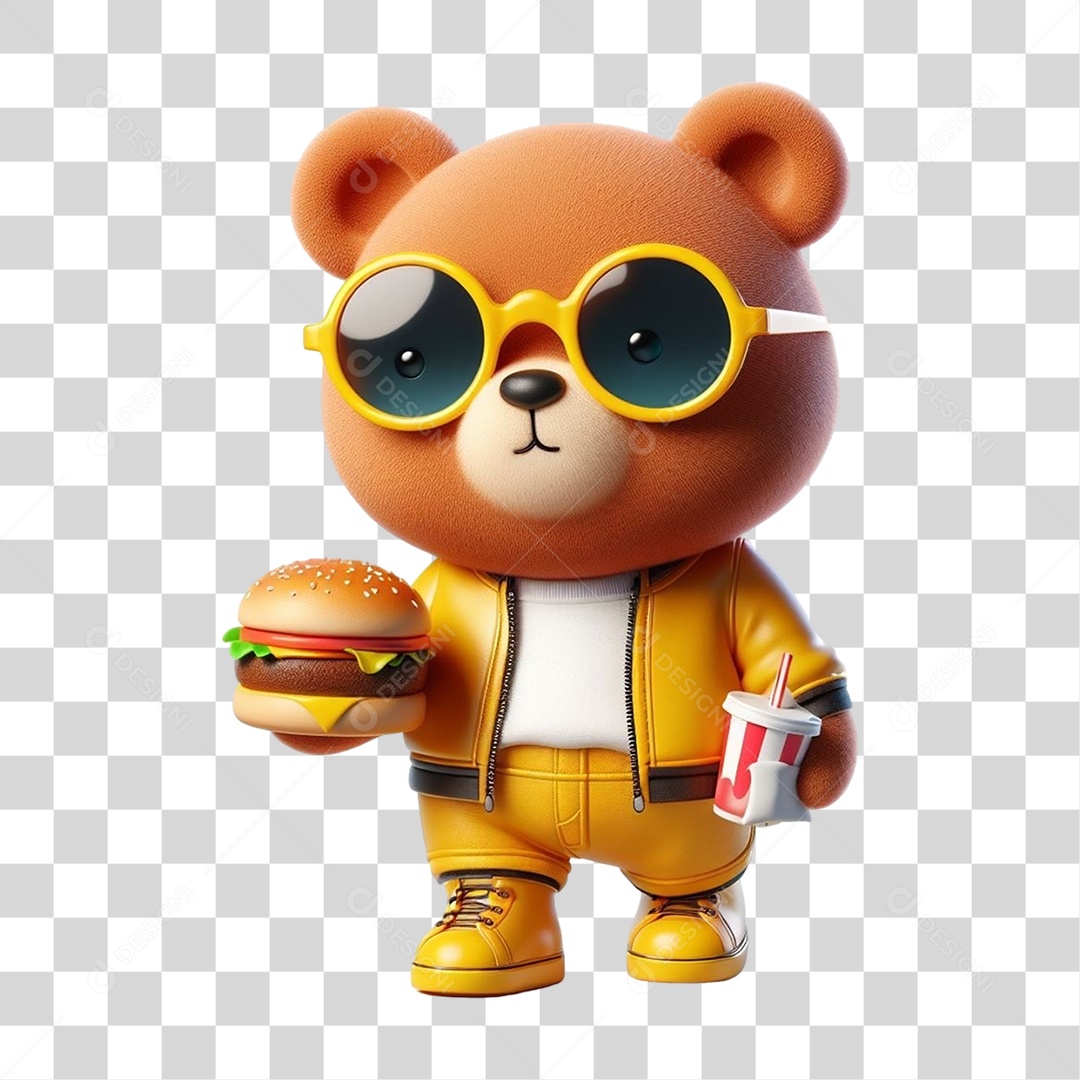 Mascote Urso com Fantasias Hambúrguer PNG Transparente