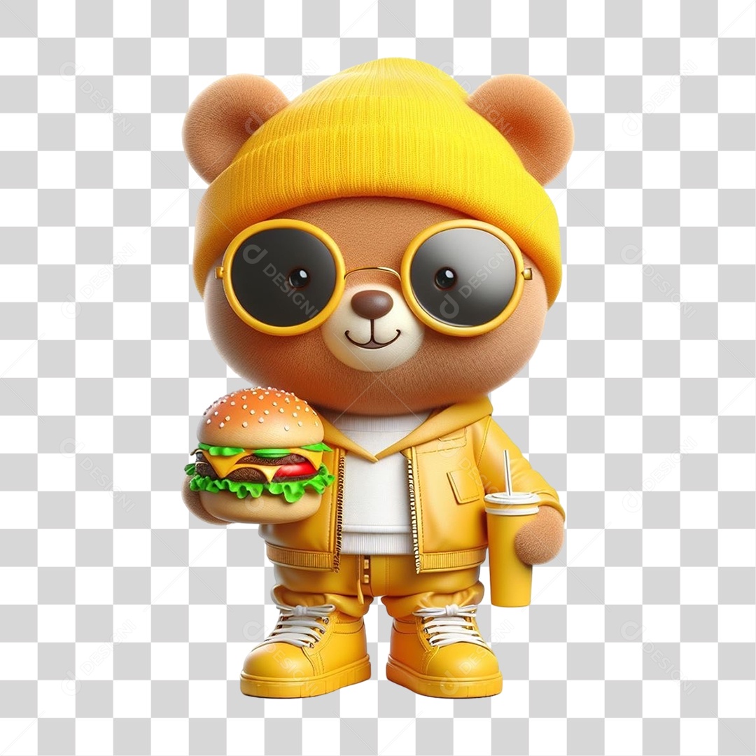 Mascote Urso com Fantasias Hambúrguer PNG Transparente