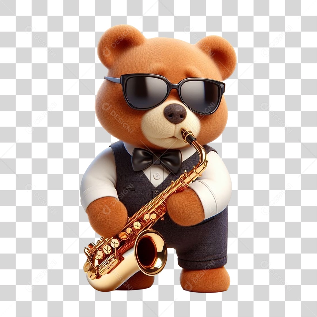 Mascote Urso com Fantasias e Saxofone PNG Transparente