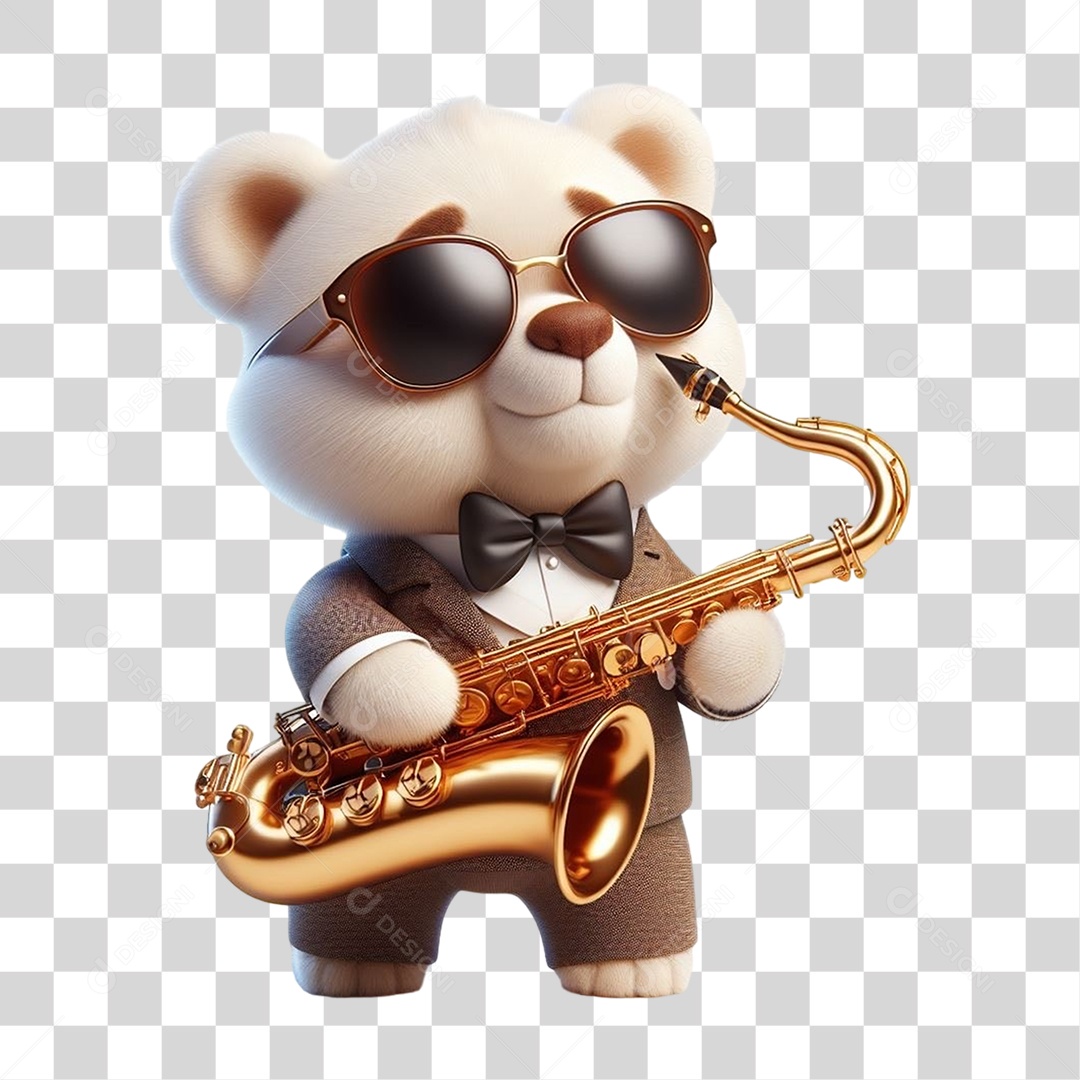 Mascote Urso com Fantasias e Saxofone PNG Transparente