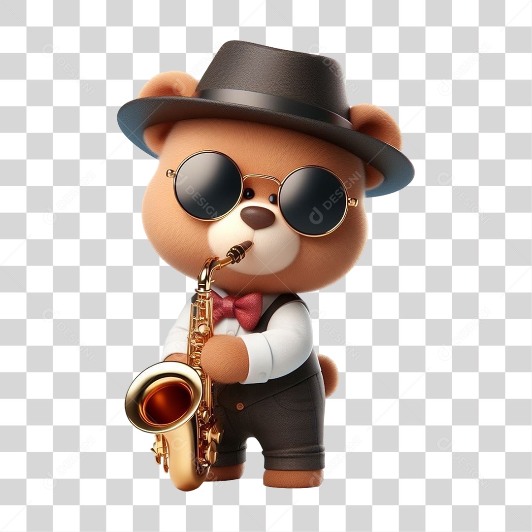 Mascote Urso com Fantasias e Saxofone PNG Transparente