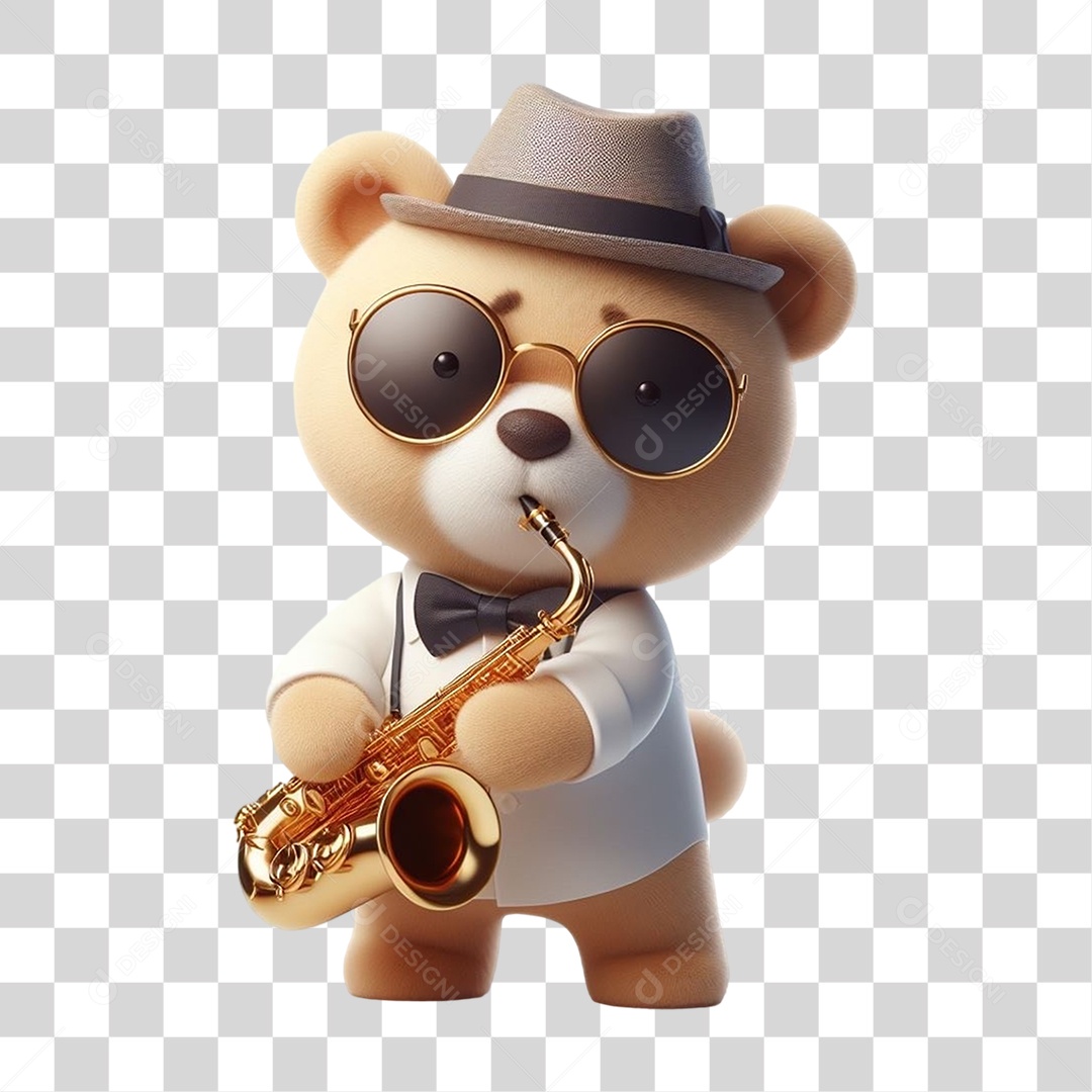 Mascote Urso com Fantasias e Saxofone PNG Transparente