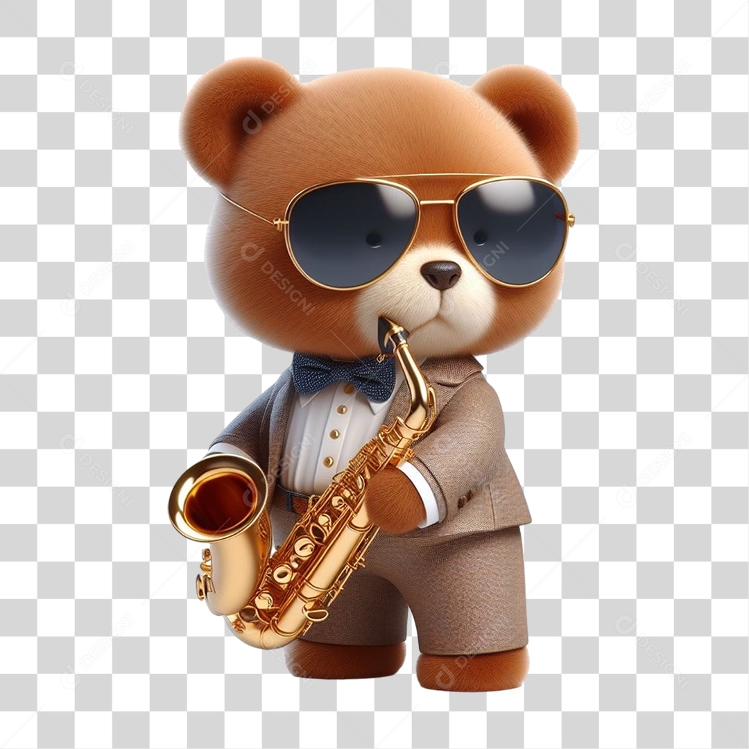 Mascote Urso com Fantasias e Saxofone PNG Transparente