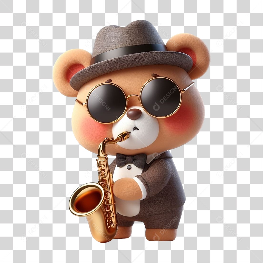 Mascote Urso com Fantasias e Saxofone PNG Transparente