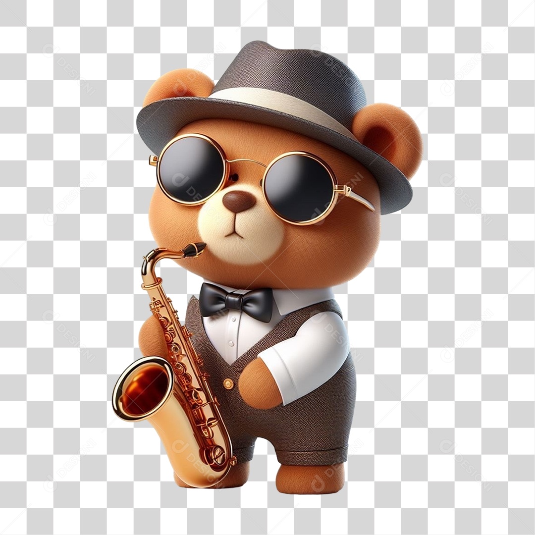 Mascote Urso com Fantasias e Saxofone PNG Transparente