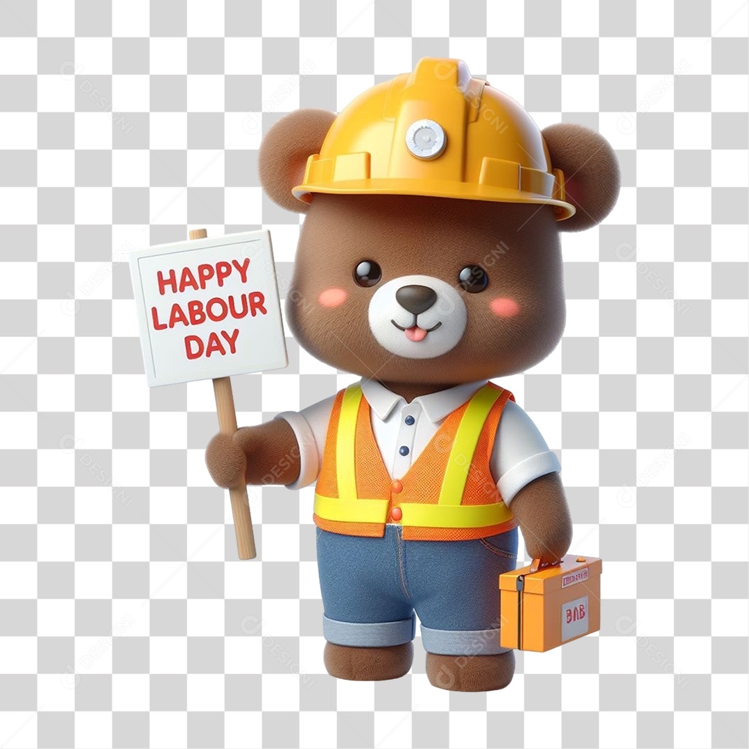 Mascote Urso com Fantasias Segurando Placa de Dia do Trabalho PNG Transparente