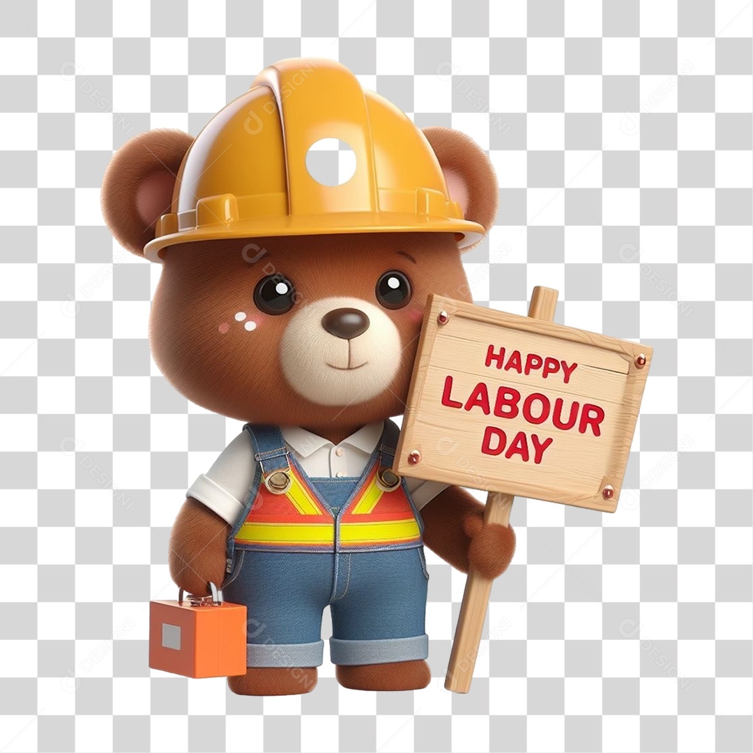 Mascote Urso com Fantasias Segurando Placa de Dia do Trabalho PNG Transparente