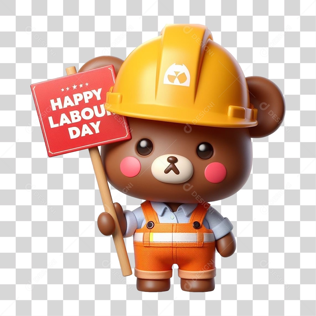 Mascote Urso com Fantasias Segurando Placa de Dia do Trabalho PNG Transparente