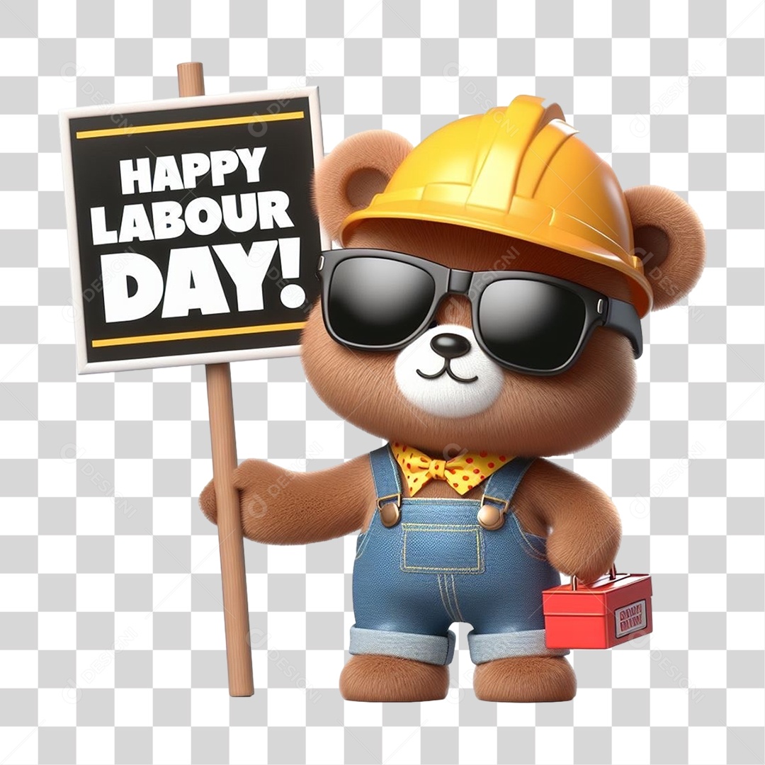 Mascote Urso com Fantasias Segurando Placa de Dia do Trabalho PNG Transparente