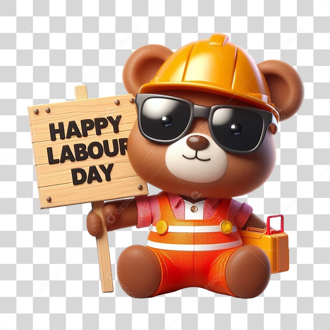 Mascote Urso com Fantasias Segurando Placa de Dia do Trabalho PNG Transparente