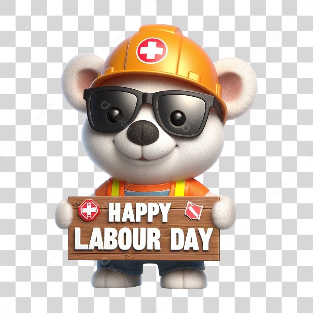 Mascote Urso com Fantasias Segurando Placa de Dia do Trabalho PNG Transparente
